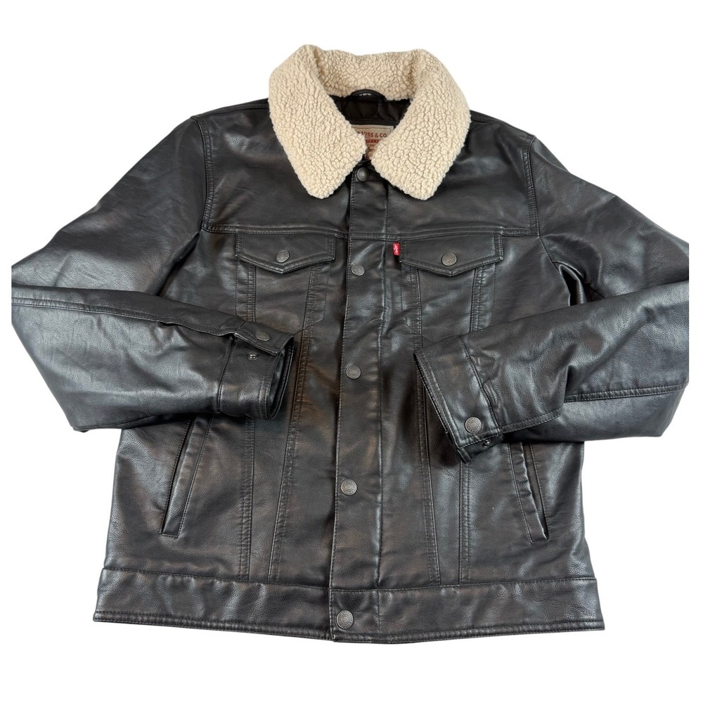 Levis Mens Faux Leather Sherpa Collar Trucker Jacket Black LM9RU545 Small